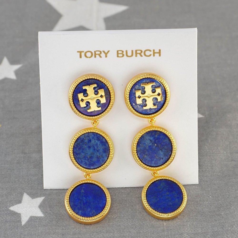Tory Burch Triple Button Drop Statement Earrings - Semiprecious Blue Lapis - Picture 5 of 6